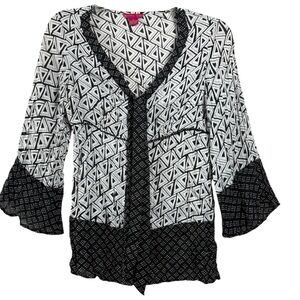 Sunny Leigh Geometric Ruffle Blouse Tie Front Sheer Boho Y2K Black White Medium